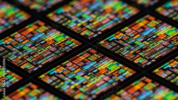 Fototapeta Silicon wafer microchip pattern with colorful diffraction