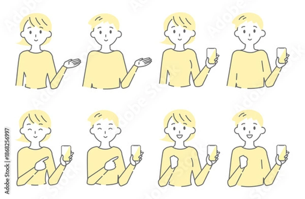 Fototapeta People Using Smartphone with Various Gestures Illustration Set