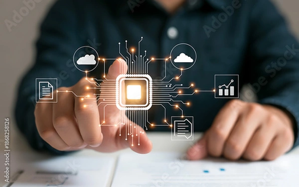 Fototapeta Hands interacting with digital network