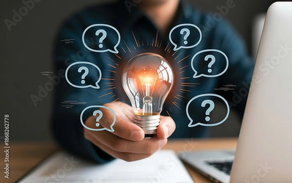 Fototapeta Holding lightbulb with question bubbles