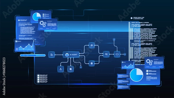 Obraz AI workflow automation artificial intelligence. ai agent network diagram dashboard machine learning showing input, database, analytics panel and automation system.
