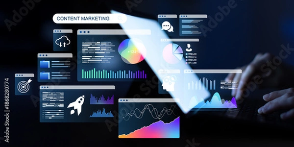 Obraz Digital Content Marketing Strategy Analysis with Data Charts and User Interface Elements.