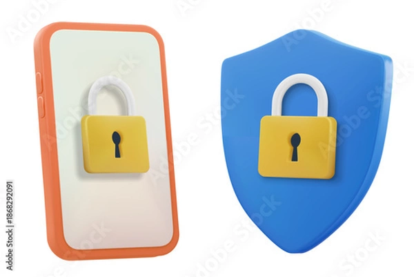 Obraz 3D smartphone and shield icons with padlocks for mobile security