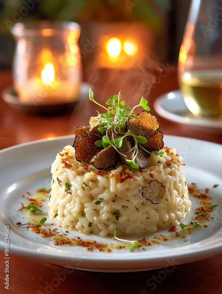 Obraz Steaming black truffle risotto serving with candlelight dinner
