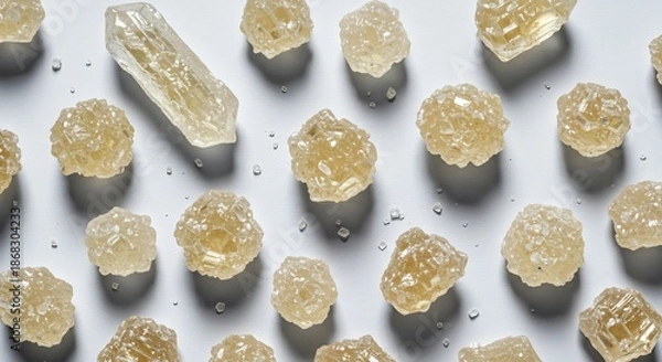 Obraz 白い背景に琥珀色の氷砂糖の結晶が美しく輝く。様々な形の透明感あふれる砂糖粒が明るい光で魅力的に配置され影を落とす。. AI Generated