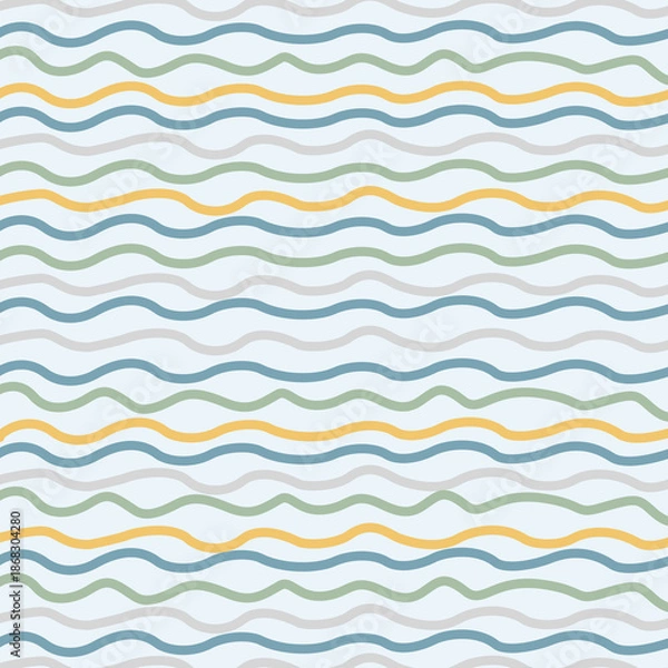 Obraz 北欧テイスト波線パターン（スカンジナビアンブルー）ー 爽やかな北欧カラーの柔らかな横ウェーブ。デザインペーパー、マスキングテープ、マスキングシールブック、フレークシール、クリアファイル、手帳デコ素材、ノート表紙、ハンカチ、箸、マグカップ、皿、キッチンクロス、キッチン雑貨、ポーチ等に最適。