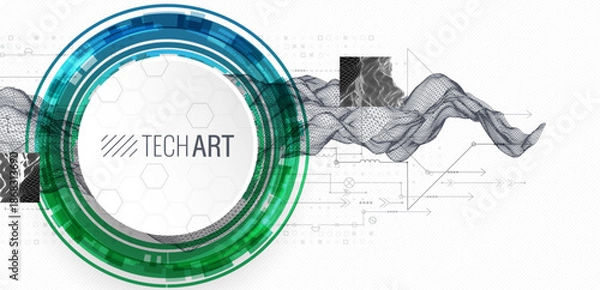 Obraz Abstract data background with wireframe wave and circuit lines. Technology concept. Vector