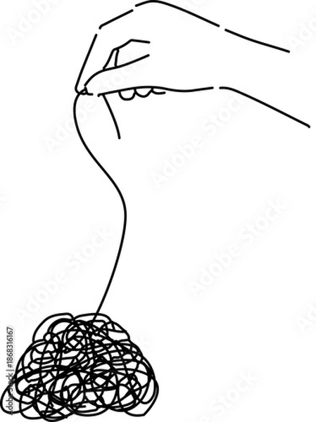 Fototapeta 絡まる糸をほどく手、逆境や解決を象徴シンプル線画