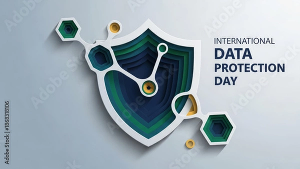 Obraz Modern poster design for International Data Protection Day featuring a shield and hexagonal elements emphasizing security.
