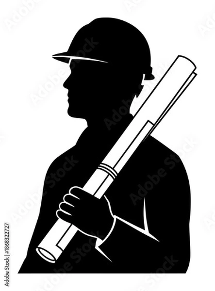 Obraz Architect Silhouette with Blueprint - Minimal Vector