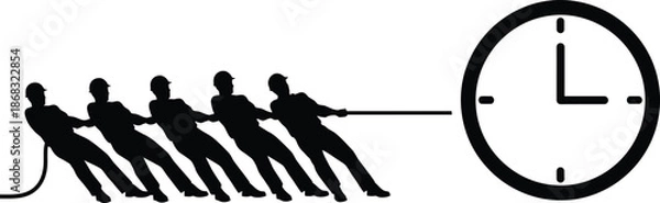 Obraz Workers in Hard Hats Pulling Rope Against a Clock Time Constraint Concept Vector Silhouette