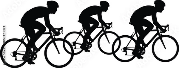 Obraz Three Cyclists Racing Silhouette Vector Icon Set