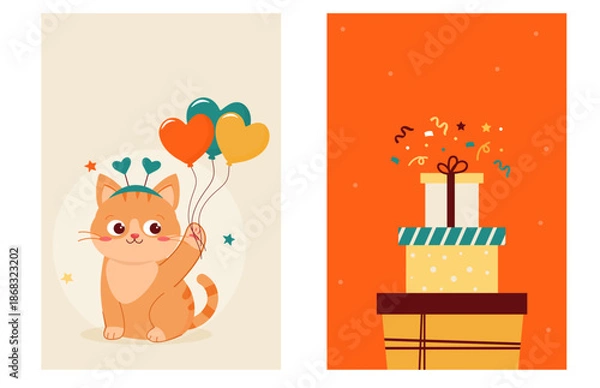 Obraz Cute Birthday Vector Set with Cat
