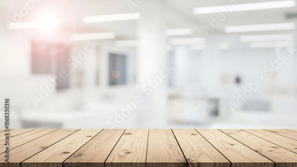 Obraz Empty wooden table top with blurred white interior background