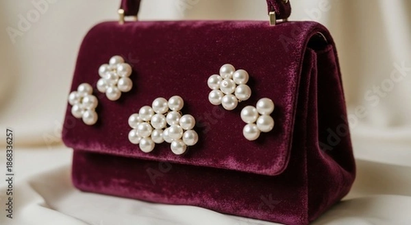 Obraz 柔らかな光に包まれ輝く花形真珠が美しい深紅のベルベットバッグ優雅な夜を彩る豪華な逸品. AI Generated