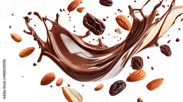Obraz Dynamic chocolate splash with almonds and raisins