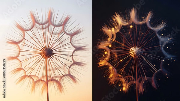 Obraz Split Screen Digital Dandelion Seed Heads with Glowing Effects