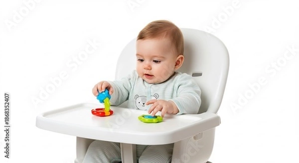 Obraz 明るいスタジオ照明が優しく照らす白いハイチェアに座りカラフルなおもちゃに夢中な無邪気な赤ちゃん好奇心に満ちた表情. AI Generated
