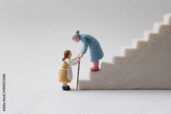 Obraz 階段を上るお年寄りを助ける女の子のやさしい思いやり（フェルト・3D）まみおデザイン福祉シリーズ
