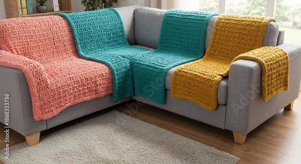 Obraz リビングのL字型ソファに鮮やかな手編みブランケットが並び明るい自然光が心地よい空間を優しく照らす. AI Generated