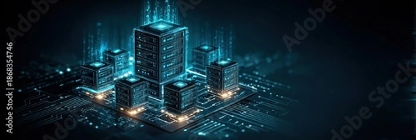 Obraz Digital server network with glowing data flowing in a deep tech environment
