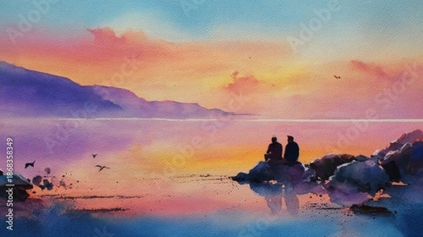 Fototapeta Sunset shoreline figures