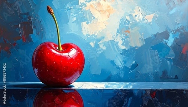 Obraz Red Cherry on Reflective Surface with Cloudy Background.