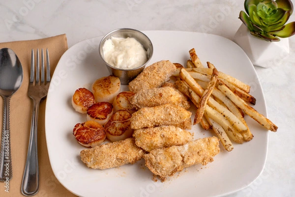 Obraz haddock bite with pan sheared scallops and  fries