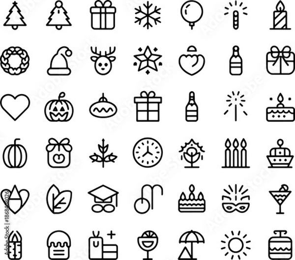 Obraz Minimal Christmas Elements Icon Set Black Vector Logotype Collection