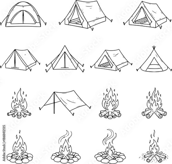 Obraz Camping Elements Icon Collection in Simple Modern Style