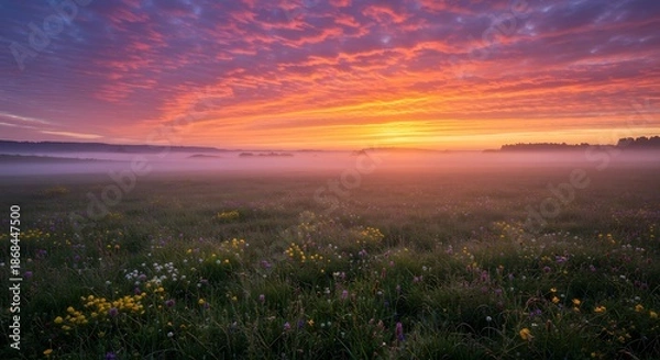 Obraz 燃えるような夕焼けが霧立ち込める広大な草原を幻想的に照らす鮮やかな橙や赤のグラデーションが空を彩り静寂の中に神秘的な美が広がるドラマチックな光景. AI Generated