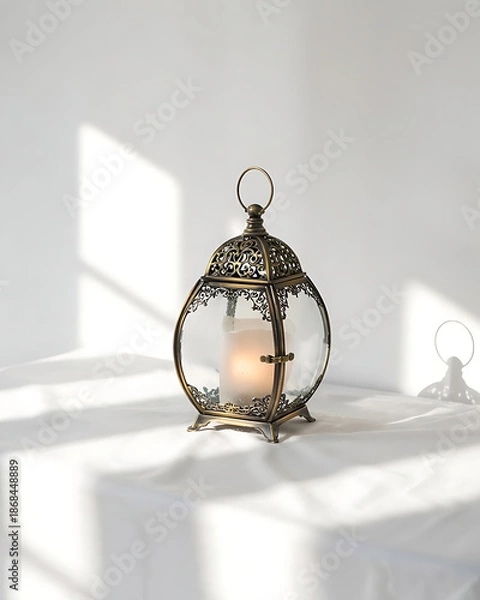 Obraz Vintage bronze lantern with glowing candle inside casting soft dramatic light shadows