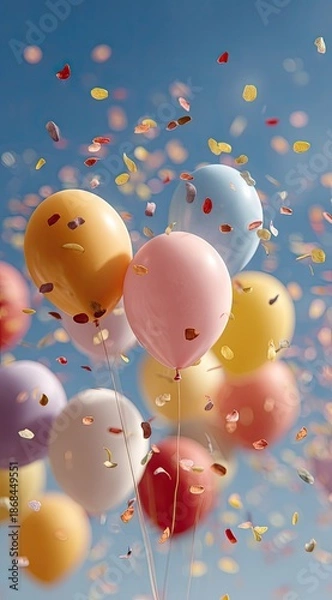Obraz Balloons float amidst falling confetti under a clear blue sky