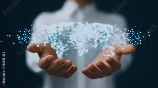 Obraz Business Hands Holding Digital World Map Plexus Network Connection