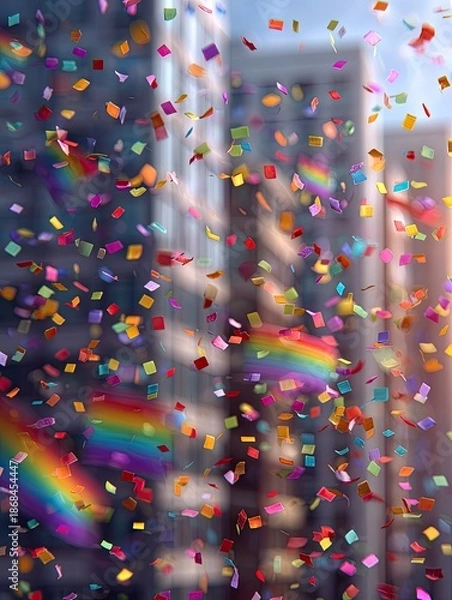 Obraz Confetti falls before rainbow flags, cityscape background, celebration
