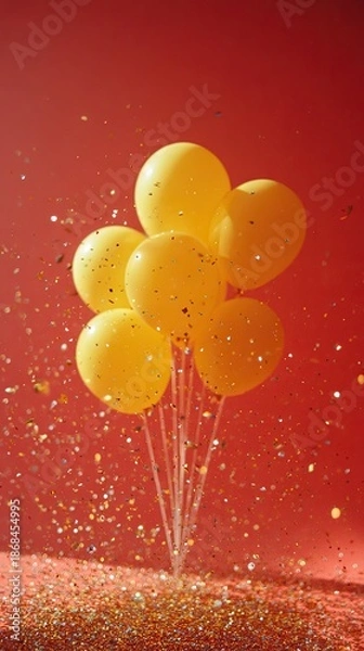 Obraz Yellow balloons float amidst scattered confetti; red backdrop