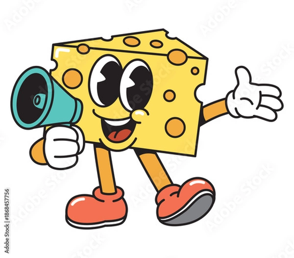 Obraz Cheerful Cartoon Cheese Character Using Megaphone