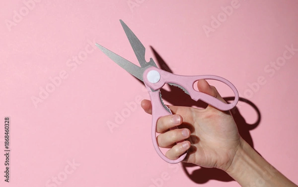 Obraz Hand hold kitchen scissors on pink background