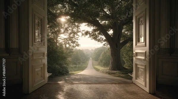 Obraz Open Doors to Tree-Lined Driveway