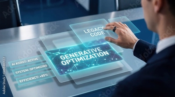 Obraz Man interacting with futuristic interface for generative optimization and legacy code modernization, AI assist active with 85 efficiency