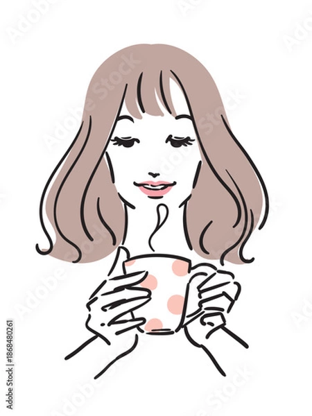 Obraz マグカップを手に持つセミロングヘアの女性の線画イラスト