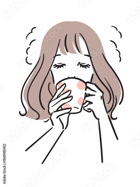 Obraz コーヒーをじっくり味わう女性のシンプルな線画イラスト