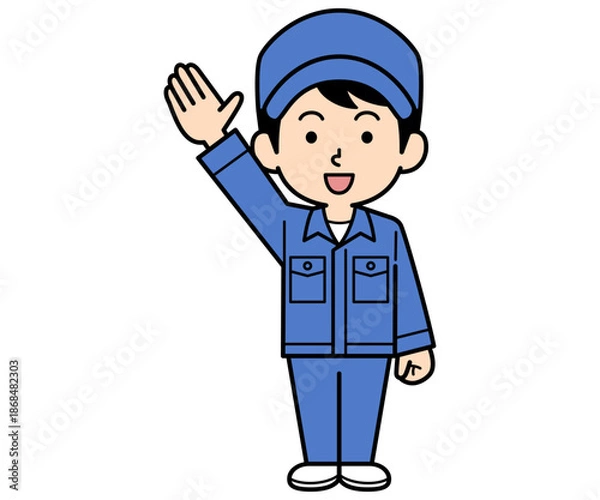 Fototapeta 手を上げるシンプルな作業員の男性