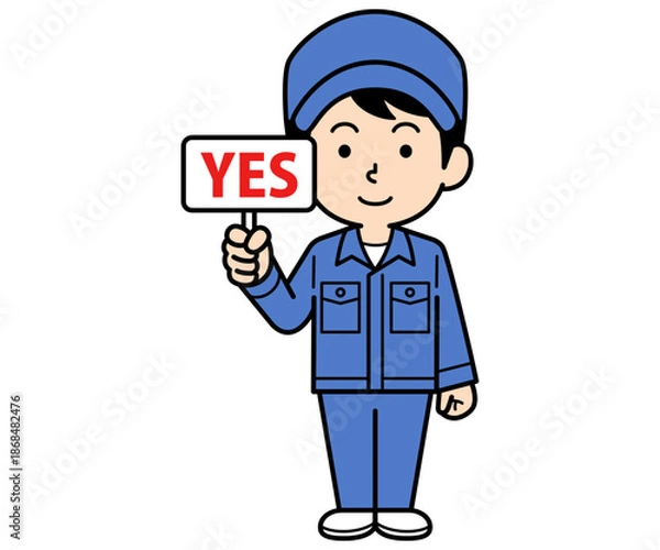 Fototapeta YESの札を持つシンプルな作業員の男性