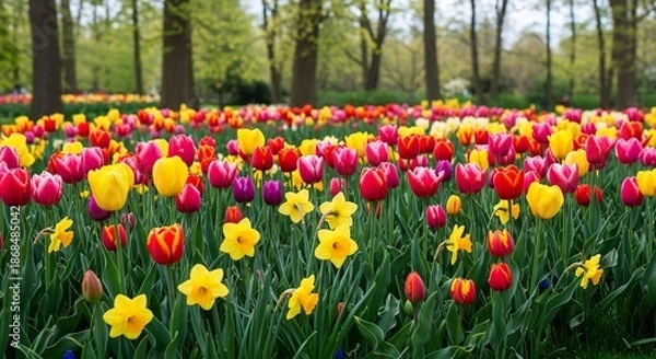 Obraz 春の柔らかな日差しが広がる庭園全体を包み込み赤黄ピンク紫の鮮やかなチューリップと眩い黄色の水仙が絨毯のように咲き誇る息をのむほど華やかで心温まる春の絶景. AI Generated