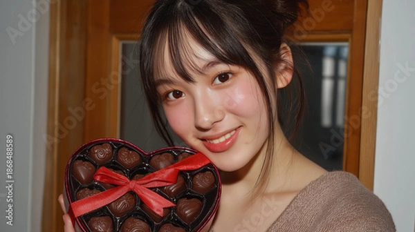 Obraz バレンタインチョコレートを手に微笑む若い日本人女性　恋愛やマッチングアプリ、婚活、恋活イメージ
