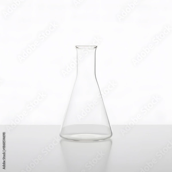 Obraz Empty Erlenmeyer Flask, Scientific Glassware for Laboratory Experiments on Reflective Surface