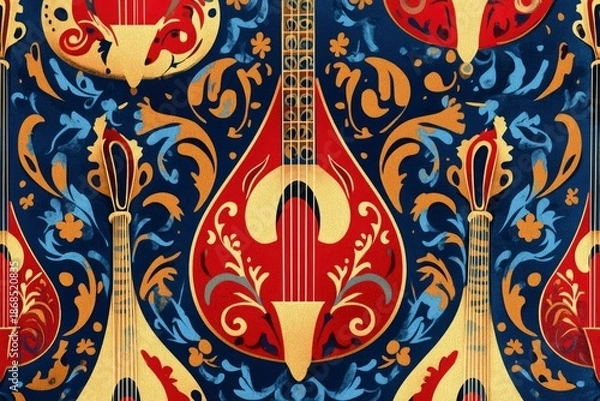 Fototapeta Folk lute ornament seamless vector pattern