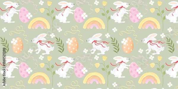 Obraz Seamless Easter Pattern with Flowers and Rabbits, Cute, Concept, Transparent, Vector