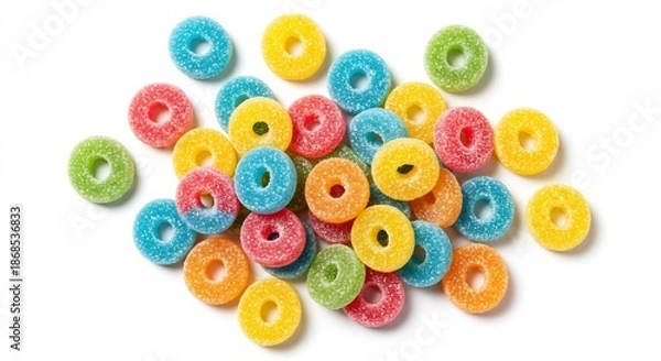 Obraz 明るく鮮やかな光に照らされ純粋な白い背景に無数に散らばる色とりどりの砂糖まぶしリングキャンディは見る者を甘い誘惑へと誘いキラキラと輝くその姿は子供心はもちろん大人までも魅了する最高のデザートタイムを演出する. AI Generated